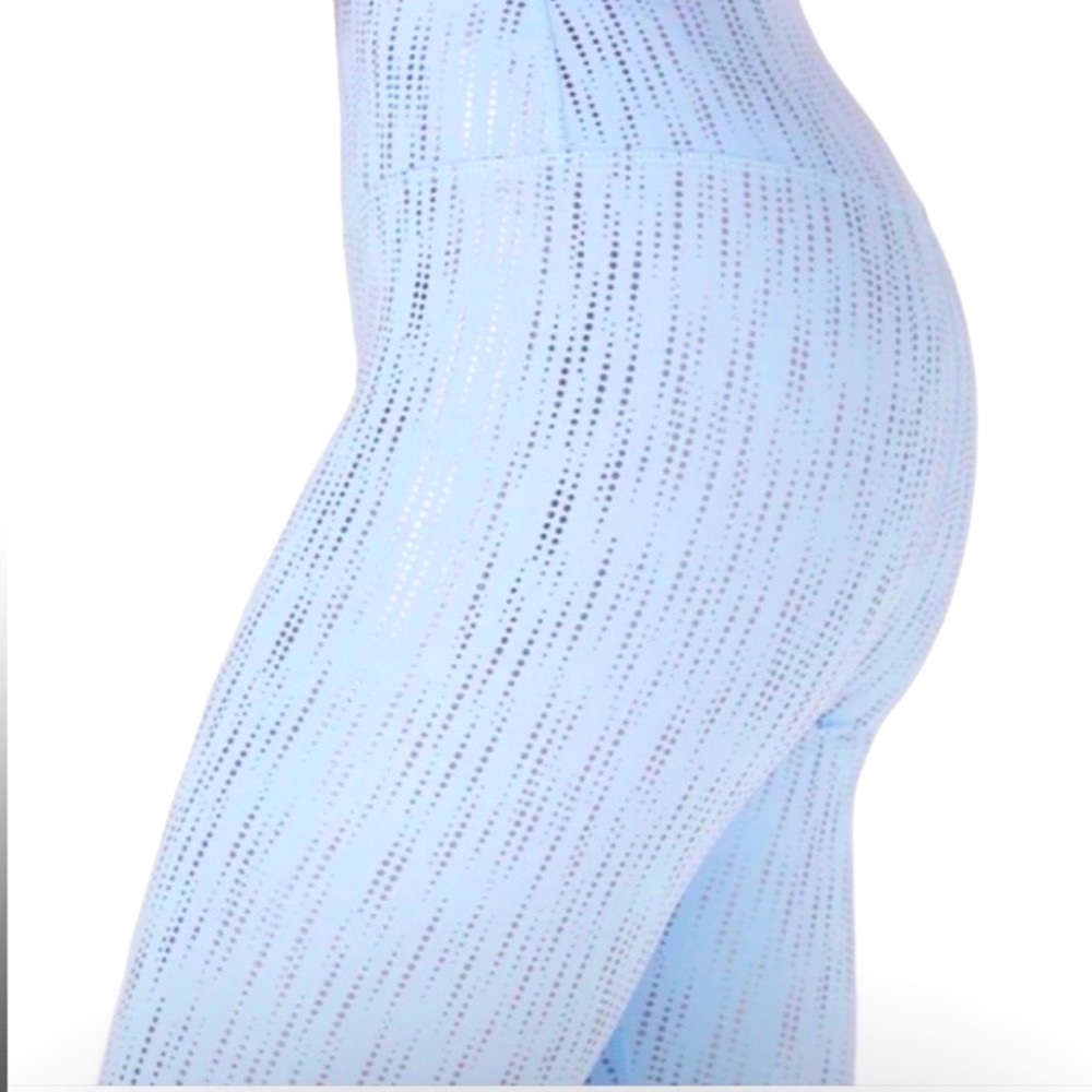 GLYDER Ice Blue Silver Metallic Foil Dew Drop Gloss Leggings Sultry High Waisted